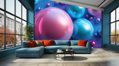 Colorful abstract scene with blue and pink shiny spheres floating in a vibrant space Wall mural