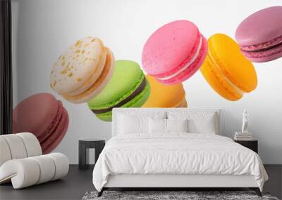 colorful of macarons floating on the air isolated , Desserts sweet cake concep Wall mural