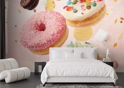 Confectionery and sweets collage. Donuts, cupcakes, cookies, macaroons flying over pastel pink background Wall mural