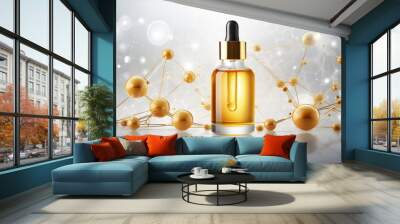 Cosmetic Essence oil Liquid drop with molecule background Wall mural