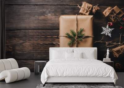 Eco friendly packaging gifts in kraft paper on a dark wooden table Wall mural