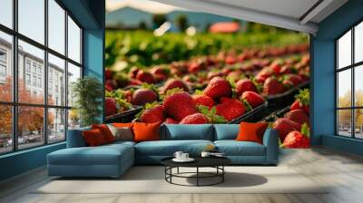 freshly picked red strawberries displayed in trays Wall mural