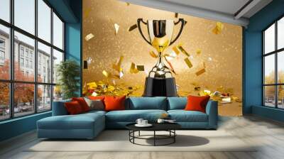 front view Golden trophy with confetti isolated on gold background Wall mural