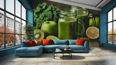 Glass jar mugs with green health smoothie, kale leaves, lime, apple, kiwi  Wall mural