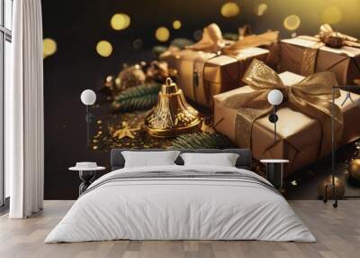 handmade gift boxes, luxury decorations, glitter star, jingle bell, golden confetti scattered Wall mural