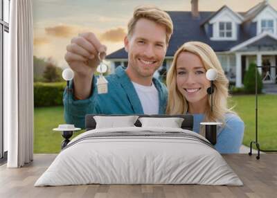 Happy young couple holding their home keys looking at the camera at their house front yard Wall mural