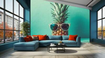 Hipster pineapple with trendy sunglasses against turquoise background. Minimal summer concept Wall mural