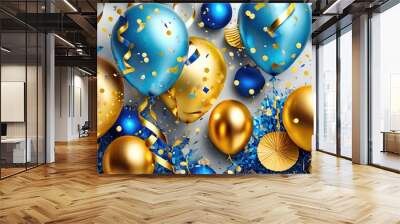 Holiday background with golden and blue metallic balloons, confetti and ribbons. Festive card for birthday party, anniversary, new year, christmas or other events Wall mural