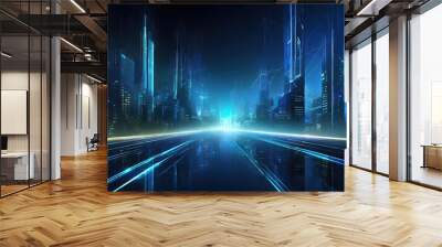 illustration urban architecture, cityscape with space and neon light effect. Modern hi-tech, science, futuristic technology concept. Abstract digital high tech city design Wall mural