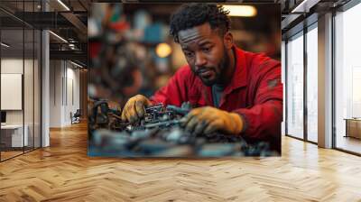 Mechanic repairs engine in workshop while focused on intricate details during daylight hours Wall mural