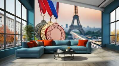 medals against the backdrop of Paris with the Eiffel Tower in a blurred background  Wall mural