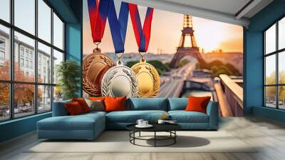 medals against the backdrop of Paris with the Eiffel Tower in a blurred background Wall mural