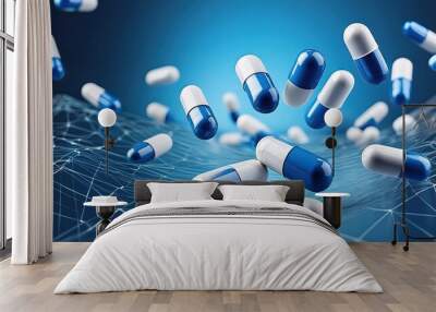 medical capsules antibiotics levitate on a blue background  Wall mural