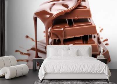 Melted chocolate pouring into a piece of chocolate bars isolated on white background Wall mural