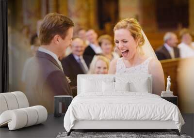 Bride Smiling Happiness At Own Wedding, Groom Putting Ring, Crowd Happy Wall mural