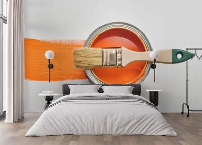 open orange paint can with paintbrush  Wall mural