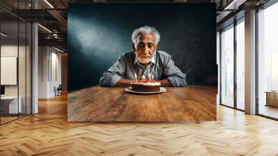 sad or depressed or angry grandpa, old man on birthday, on a chair at a table with a birthday cake Wall mural