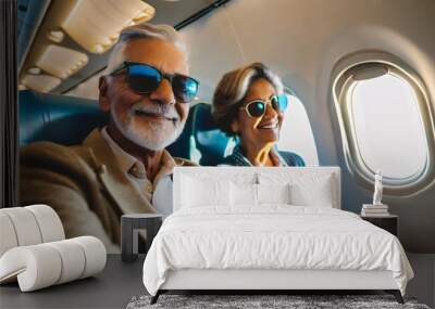 Senior couple on an airplane ready for vacation Wall mural