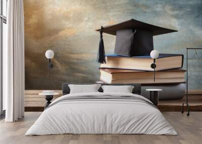 Stack of books with graduation cap on wooden table Wall mural