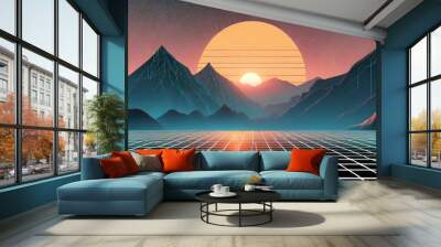 Synthwave retro cyberpunk style landscape background banner or wallpaper. Bright neon pink and purple colors Wall mural