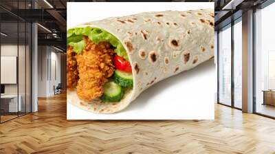 Tortilla wrap with fried chicken meat and vegetables isolated on white background Wall mural