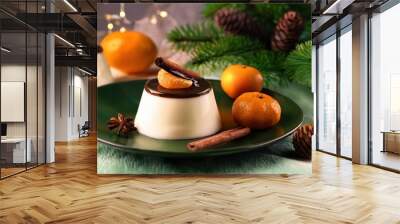 Vanilla panna cotta with chocolate, with christmas decoration Wall mural