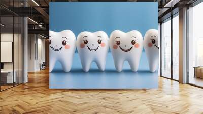 white cute smiling tooth characters with faces smile on blue background Wall mural