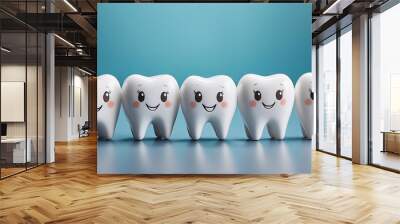 white cute smiling tooth characters with faces smile on blue background Wall mural