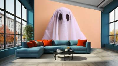 White ghost on pastel background. Minimal Halloween scary concept Wall mural