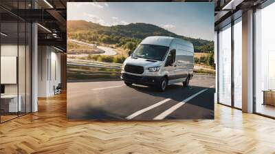 White modern delivery small shipment cargo courier van moving fast on motorway road to city urban suburb. Business distribution and logistics express service Wall mural