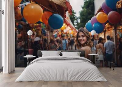 young adult woman, outside at a street festival. cultural festival, balloon Wall mural