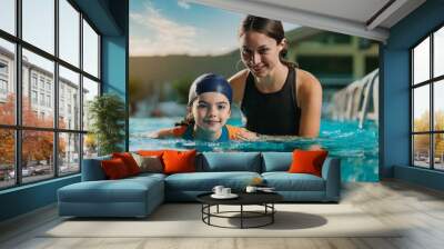 young girl with an adult swimming instructor in a pool Wall mural