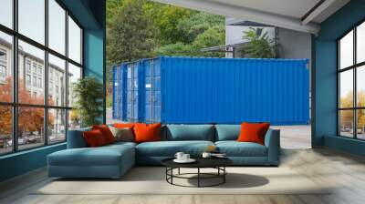 Three Blue Cargo Containers at Ground in Yard Wall mural