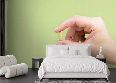 A woman's hand holds a green pill isolated on a green background. Natural vitamins and supplements. Close-up. Copy space. Selective focus. Wall mural