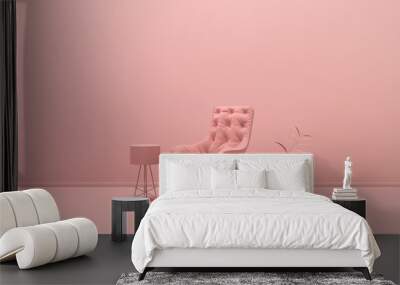 Interior of the room in plain monochrome light pink color with single chair, floor lamp and decorative vases. Light background with copy space. 3D rendering Wall mural