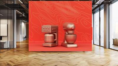 Mixer and coffee maker in orange background interior room with wave pattern, monochrome single color metallic gold, 3d rendering Wall mural