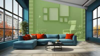 Wall mockup with six frames in solid flat  pastel light green color, monochrome interior modern living room with furnitures and plants, 3d rendering Wall mural