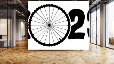 Best wishes, we wish you a happy new year 2023 with the letter o as cycling wheels. Mamil. Bike or  Cycling line pattern. Cyclist logo. World bicycle day. Cartoon race tour. Wall mural