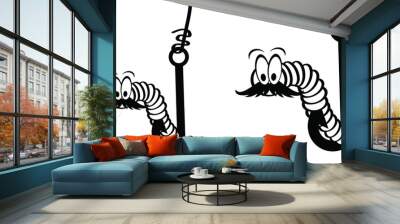 Cartoon worm with moustache or beard and hook. crawling worm. Vector crawl or creep earthworm. Worms, insect with face and eyes, earth worm mascot. creeping insects. Fich food or fish hook for fishing Wall mural