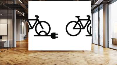 Eco electric bicycle parking space zone, e-bike charge sign. Electric plug, bike to parking stand area battery charger. Bikes on a bicycle parking, power station charging point symbol. Flat vector ebi Wall mural