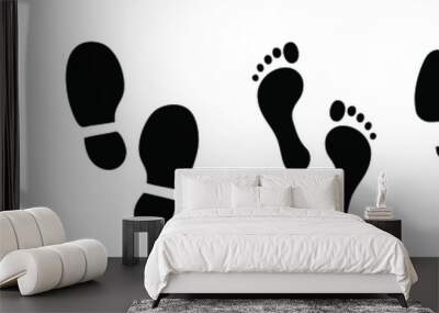 Human bare walk footprints shoes and shoe sole Kids feet and foot steps Fun vector baby footsteps icon or sign for print Kid step for trail Walking footstep and footprint for trekking or follow route Wall mural