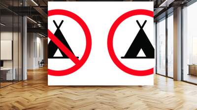 No camper. No camping icon. Silhouette of a trailer, a house on wheels. No camping tent,  cars and caravans forbidden sign. Stop halt allowed Do not enter, no ban signs. Prohibited icons. Wall mural