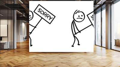 Slogan sorry. Kids playing running, jumping Happy smile stickman emoji icons Funny comic walk stick figures man, woman Vector emotions sign drawing Talking cartoon person jump, walking and play Wall mural