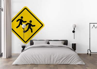 Slow down, school children playing. road sign. Traffic yellow rhombus  signs board. Flat vector pictogram. Stop warning caution signal icon. Kids or child play zone or area Wall mural