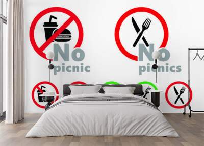 Stop no picnic eating or drinks icons Caution inedible not for human consumption signs Do not eat on camping, park or beach icon Vector allowed pictogram No Ban beverage Forbidden cafe junk fast food Wall mural