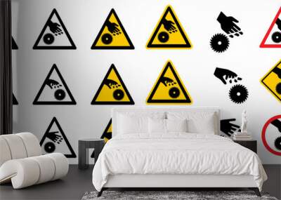 Warning, stop sign. Cartoon circular saw blades icon or symbol. Half sawblade logo. circular saw blade. Beware, caution, alert electric saw, circle. Silhouette, saw blade cut No ban pictogram. Wall mural