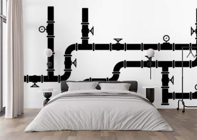 Water, oil or gas pipeline with fittings and valves. Pipeline and black tap, open, close. Globe valve icon or pictogram. Vector pipe fitting symbol. Wastewater or Waste water logo. Distribution. Wall mural