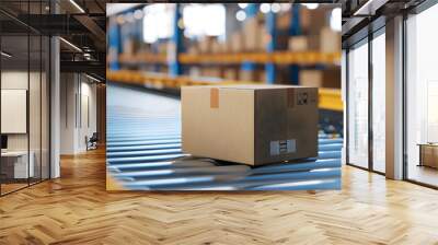 Cardboard boxes on a conveyor belt inside a modern logistics warehouse, supply chain background Wall mural