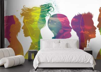 Colorful silhouettes of diverse people holding hands, Diversity Equity and Inclusion, modern company background Wall mural