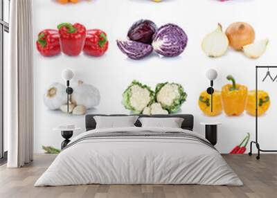 Collection of vegetables carrots tomatoes onions bell pepper lettuce vegetable food isolated Wall mural